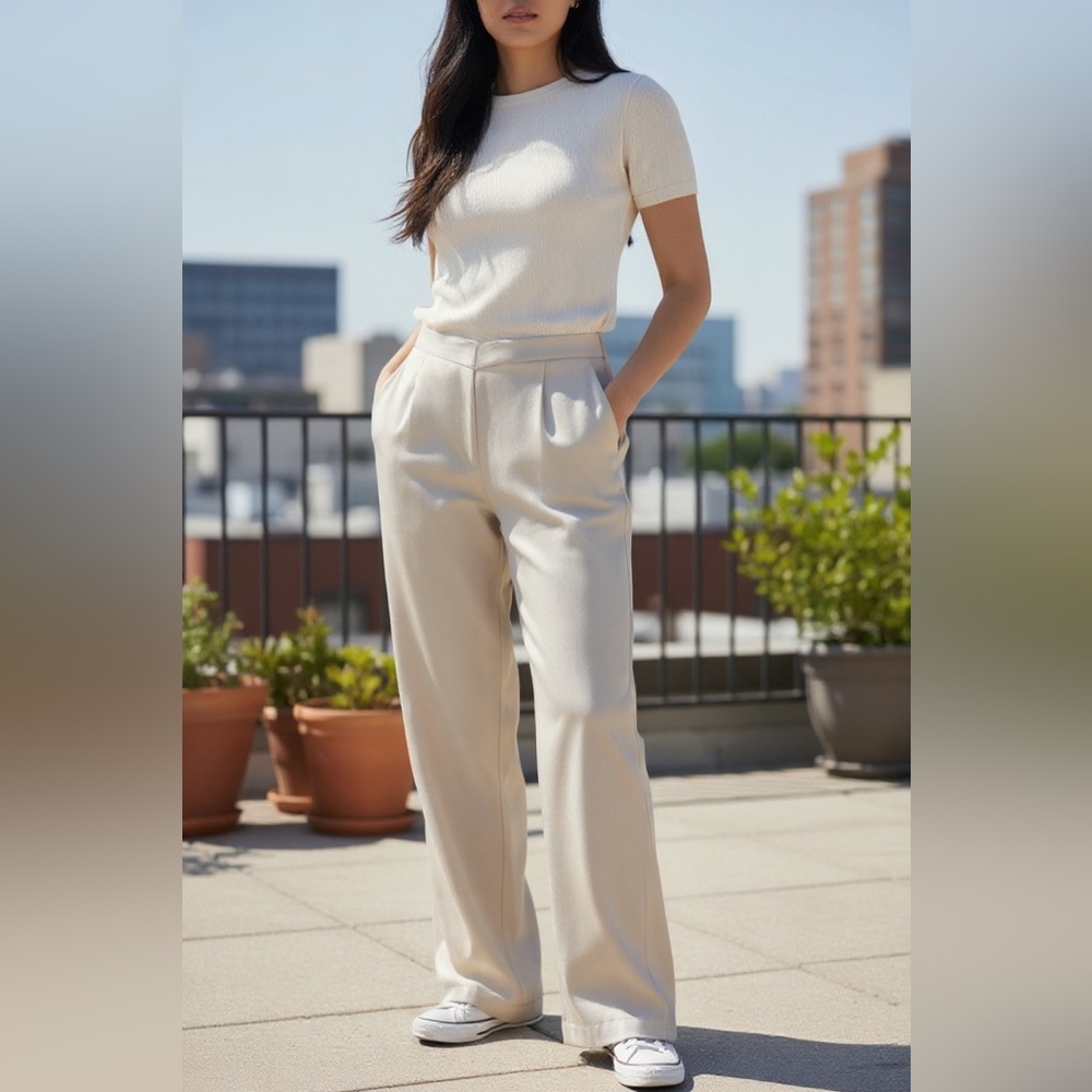Vintage Cream Straight Leg Flowy Dress Pants Trouser Size 12 Career Workwear